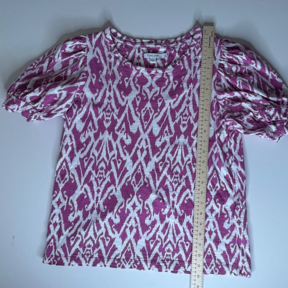 Chicos Ikat‎ Puff Sleeve Slub Tee Size 1 Medium Purple Pink Resort Boho Vacation - Picture 8 of 9
